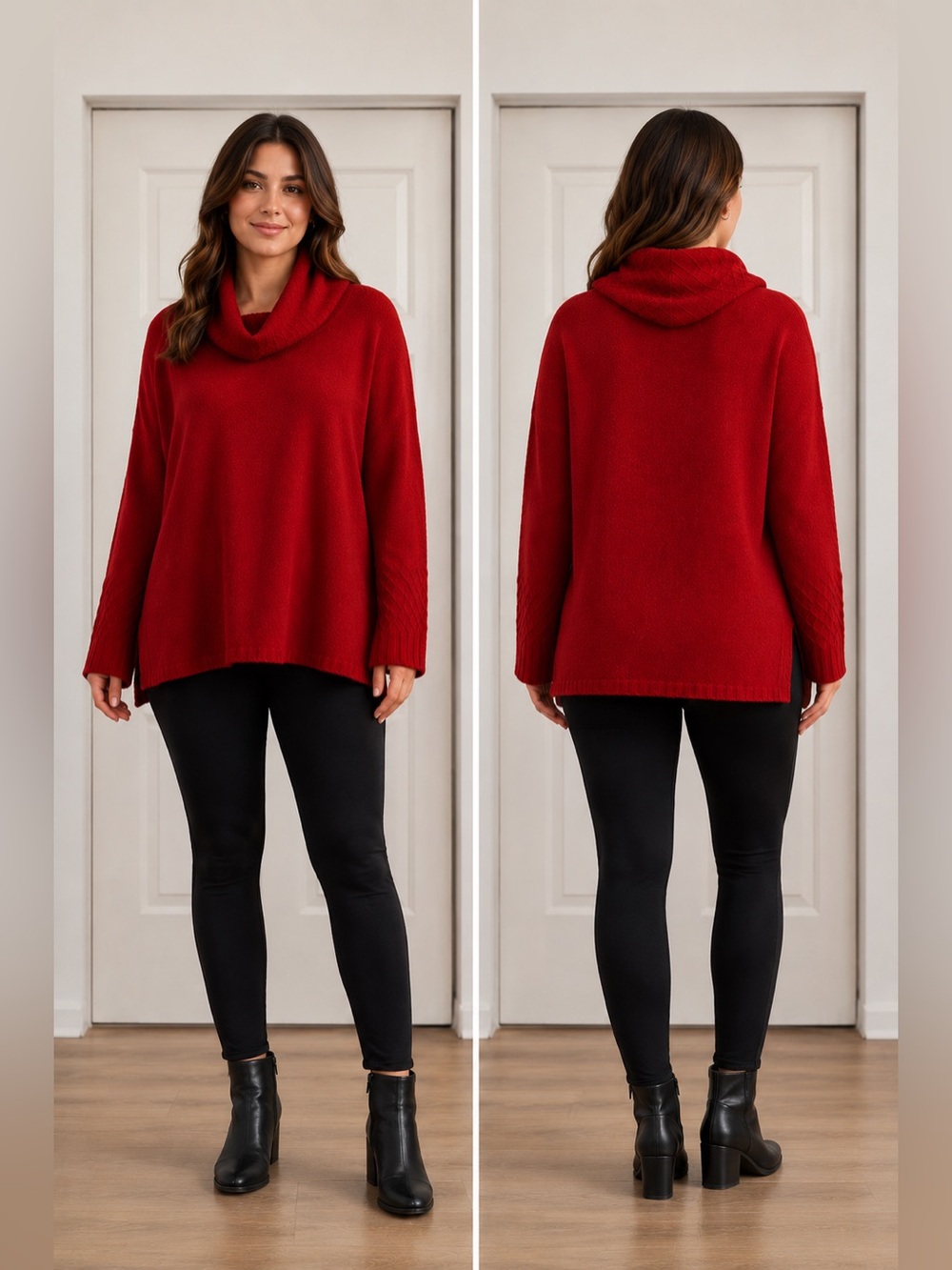 JM Collection Red Cowl Neck Sweater XL Textured Knit Sleeve Detail